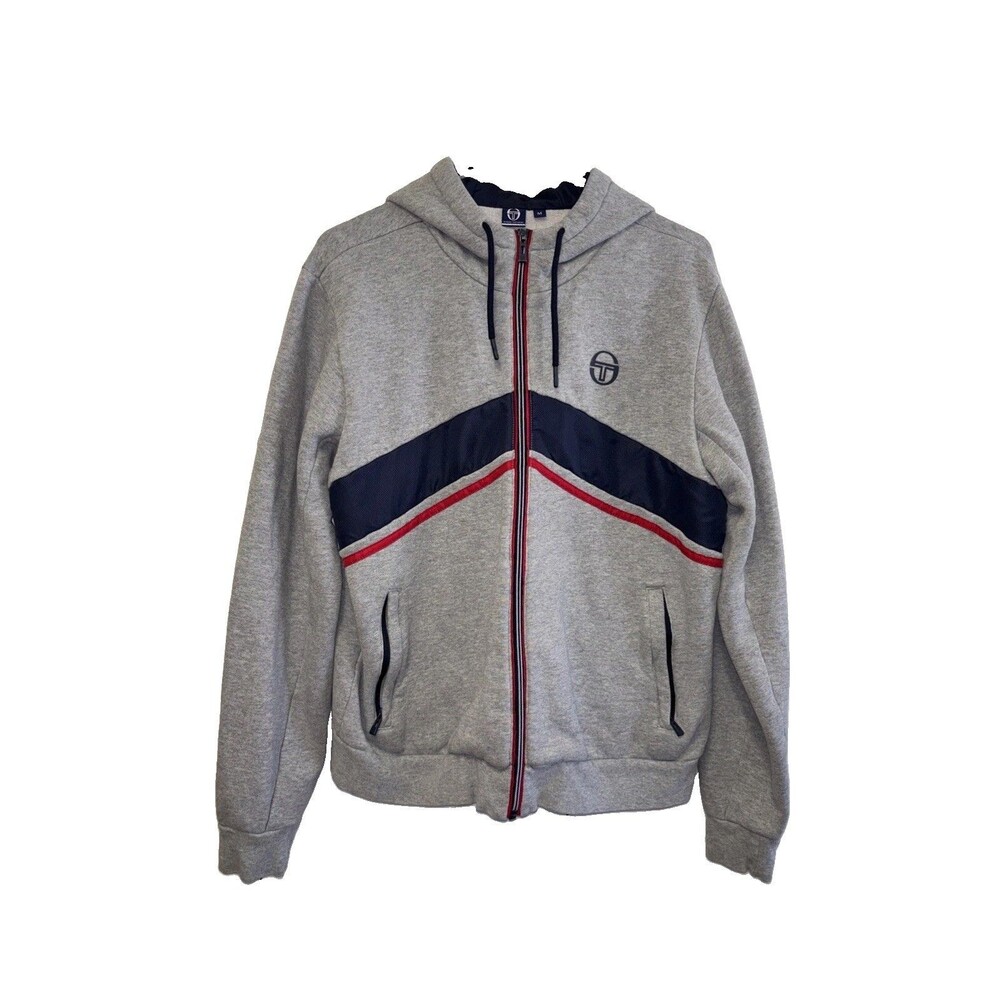 Sergio Tacchini hoodie Full Zip M Gray Blue Red Stripe Long Sleeve Logo Cotton